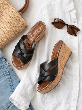 Sam Edelman Platform Sandals Size 9 Black Leather Cork Heel Slides